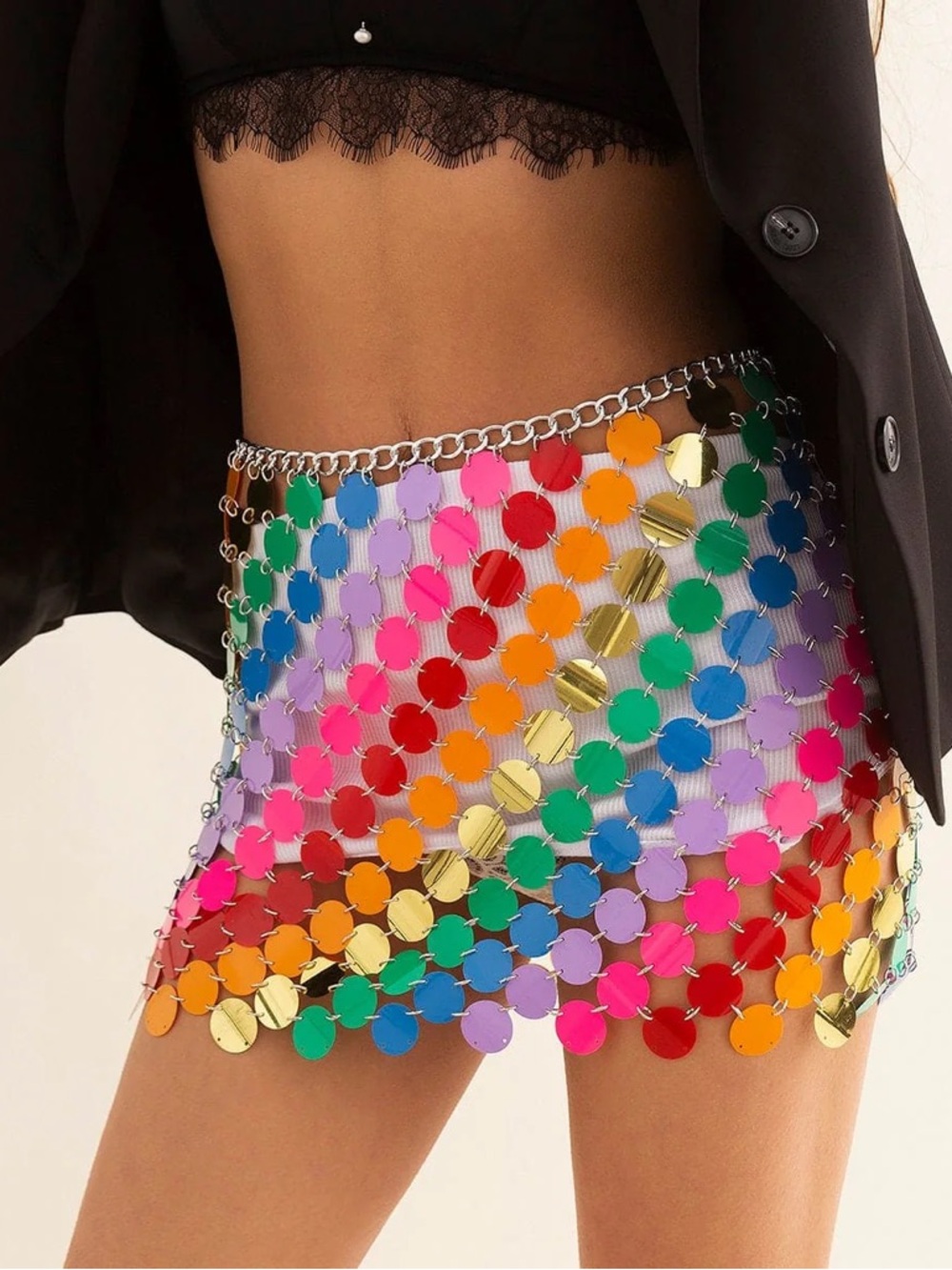 Sequined Multicolor Mini Skirt - Rainbow Circle Detail